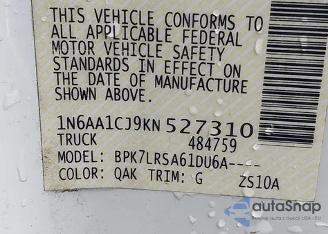 2019 Nissan Titan S z USA, uszkodzony, nr VIN 1N6AA1CJ9KN527310